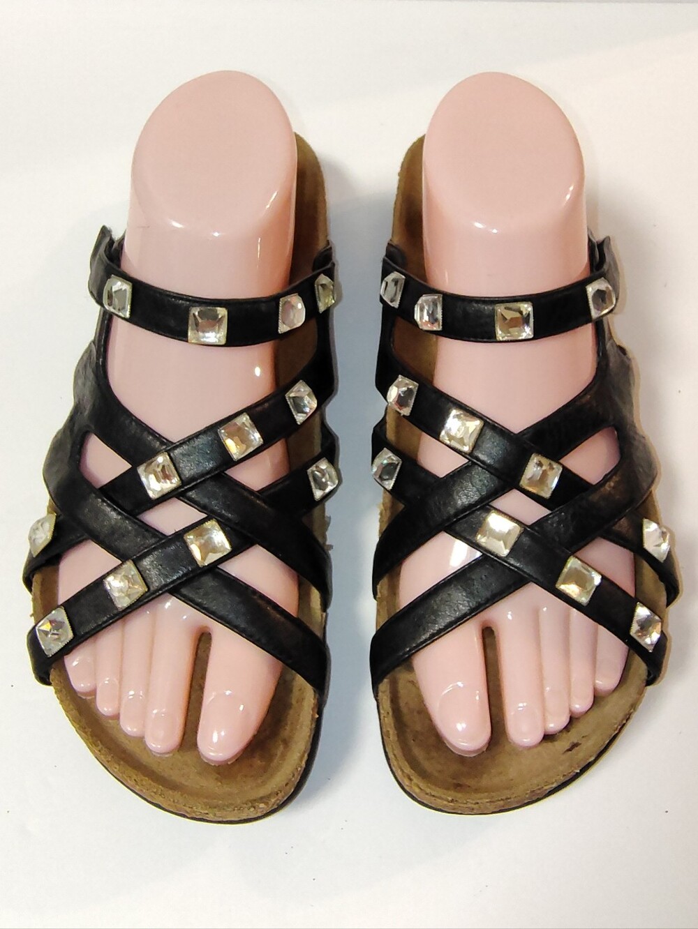 Birkenstock Tatami Black Leather Studded Strappy Slide Cork Sandals 39/L8M6